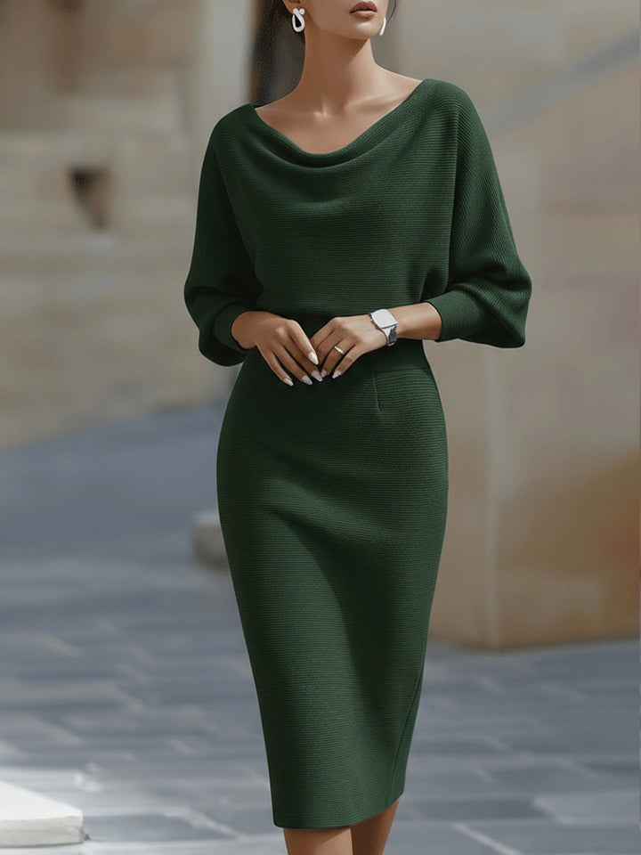 Ashley | White Draped Midi Dress with Batwing Sleeves