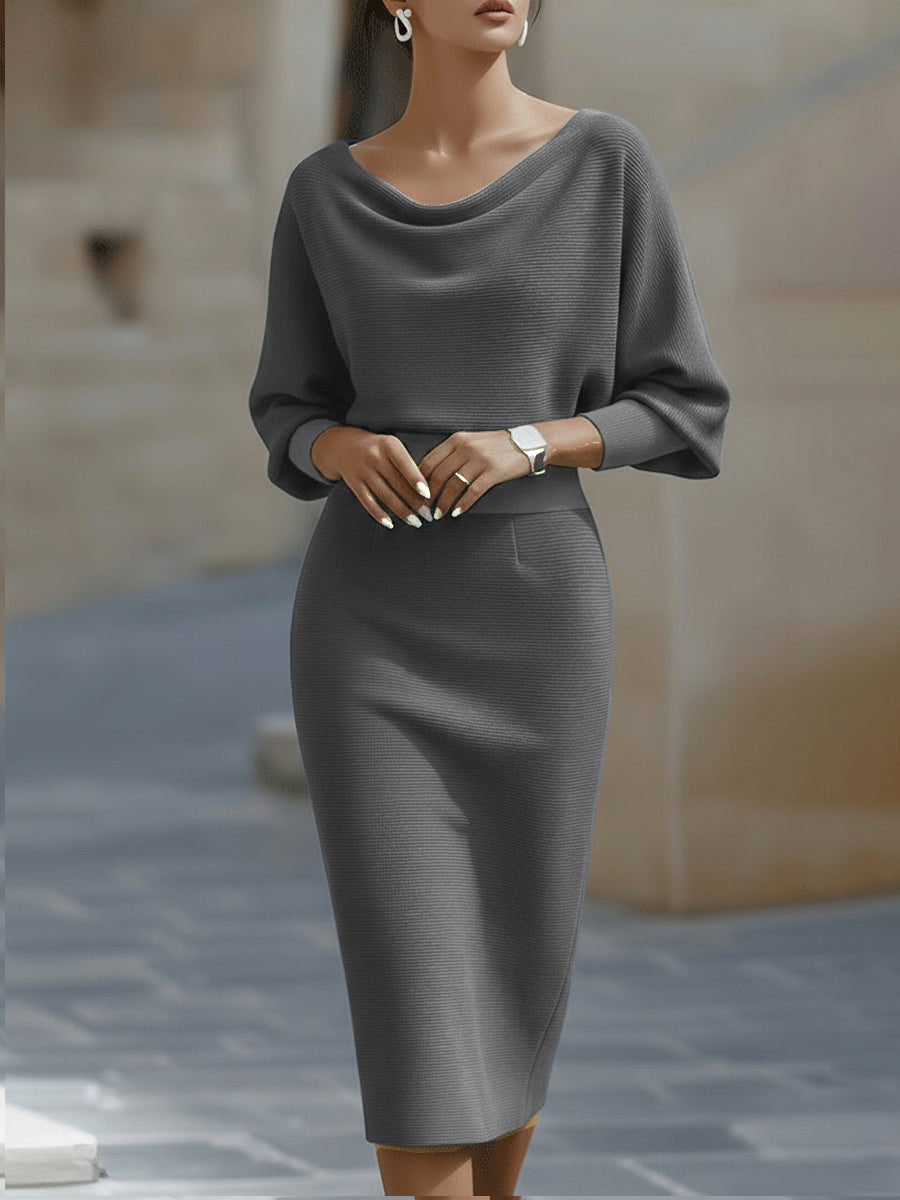 Ashley | White Draped Midi Dress with Batwing Sleeves