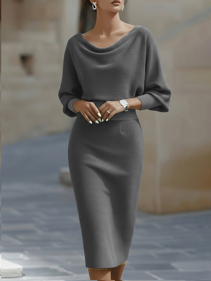 Ashley | White Draped Midi Dress with Batwing Sleeves