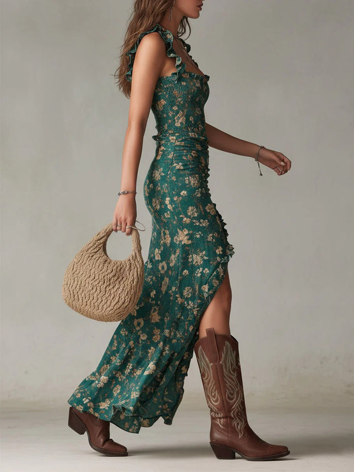 Emily | Bohemian Floral Ruched Maxi Dress with Side Slit