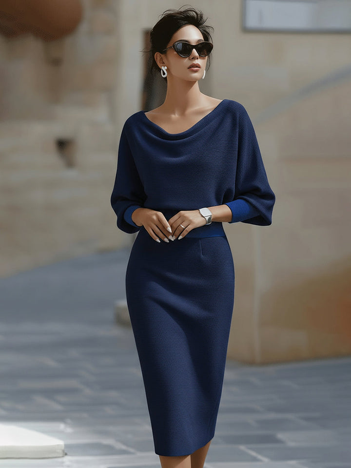 Ashley | White Draped Midi Dress with Batwing Sleeves