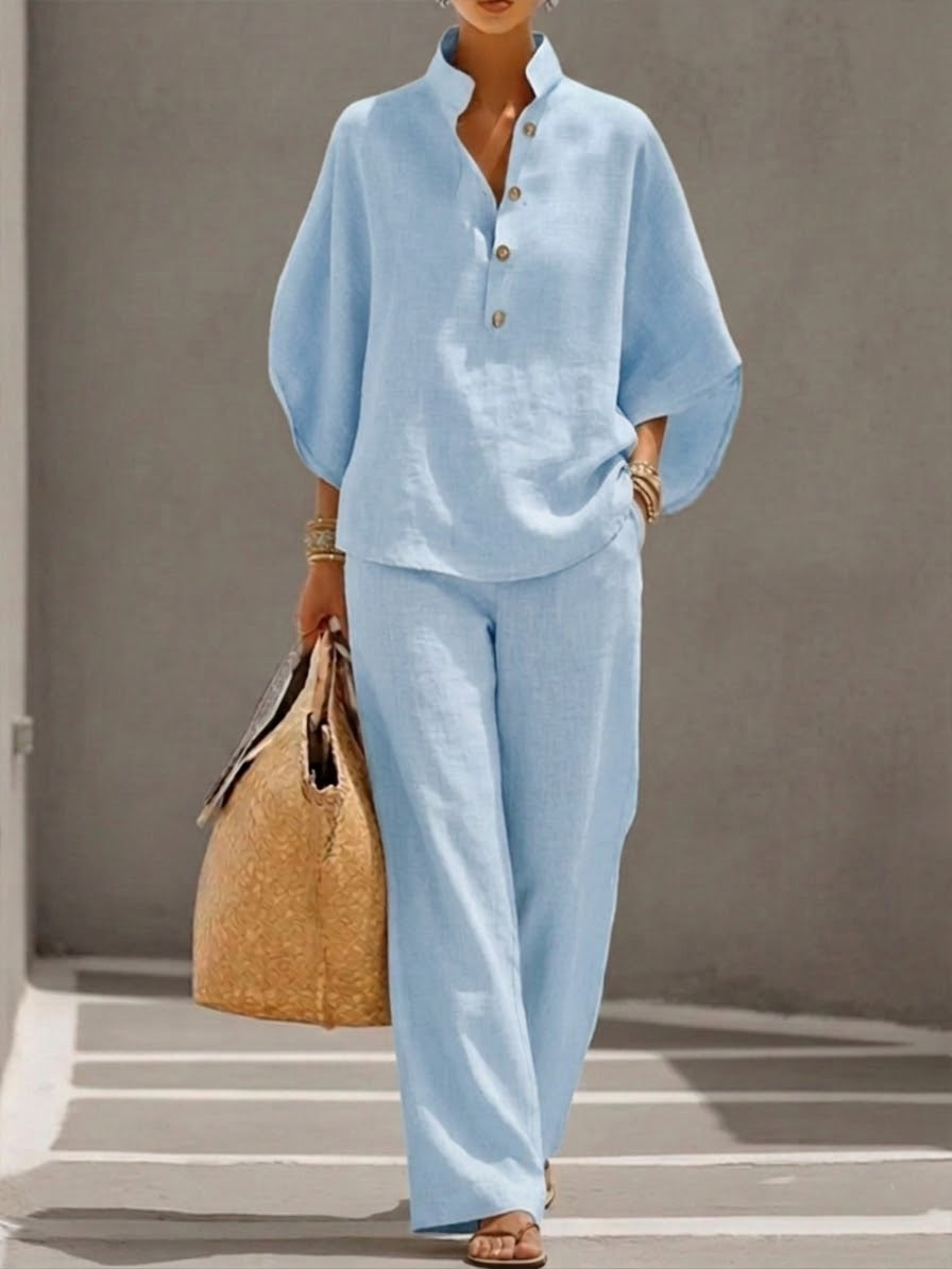 Mariel | Two-piece Linen Effect Set with Batwing Sleeves and Flowing Pants