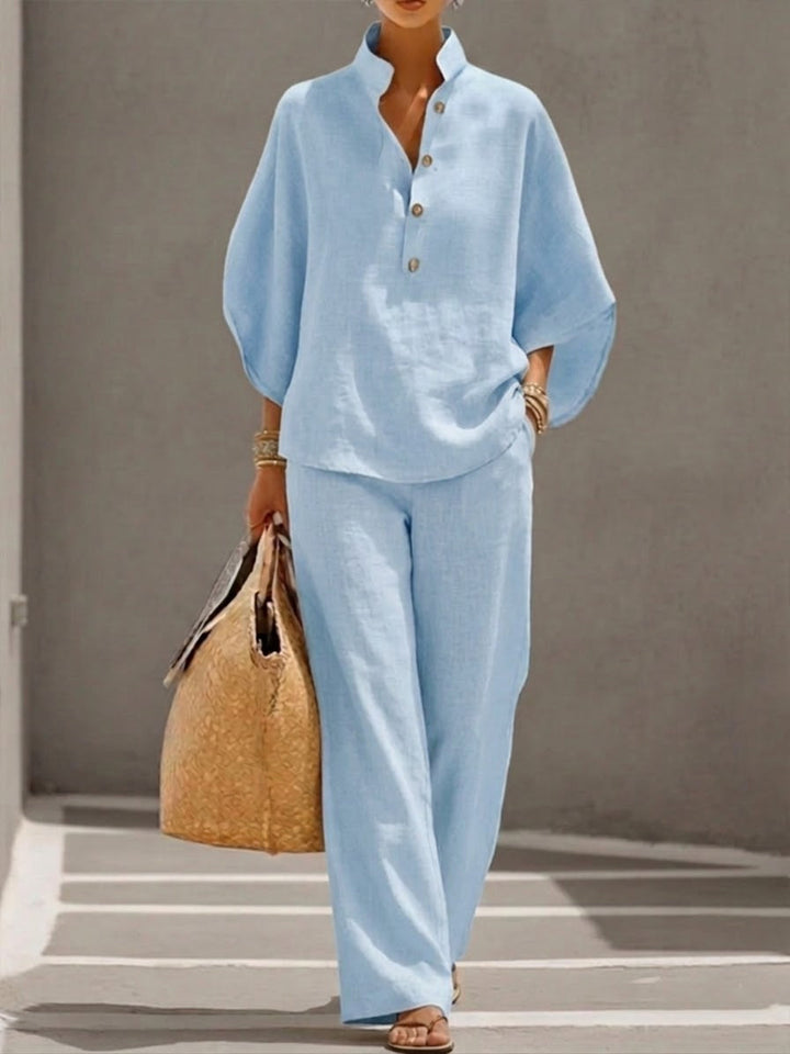 Mariel | Two-piece Linen Effect Set with Batwing Sleeves and Flowing Pants