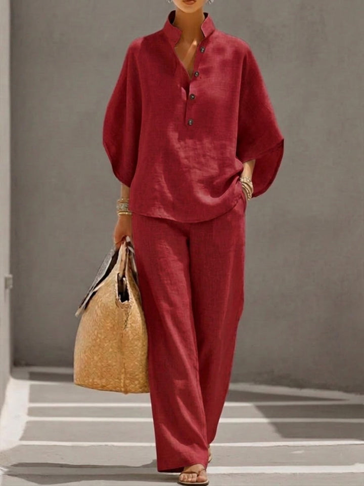 Mariel | Two-piece Linen Effect Set with Batwing Sleeves and Flowing Pants