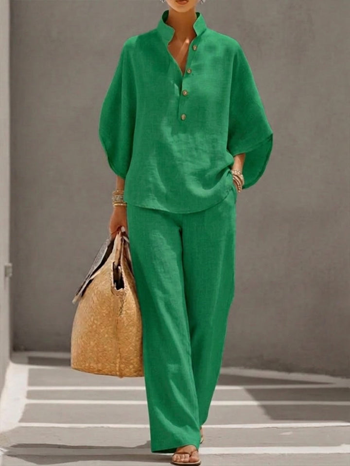 Mariel | Two-piece Linen Effect Set with Batwing Sleeves and Flowing Pants