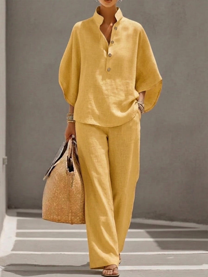 Mariel | Two-piece Linen Effect Set with Batwing Sleeves and Flowing Pants