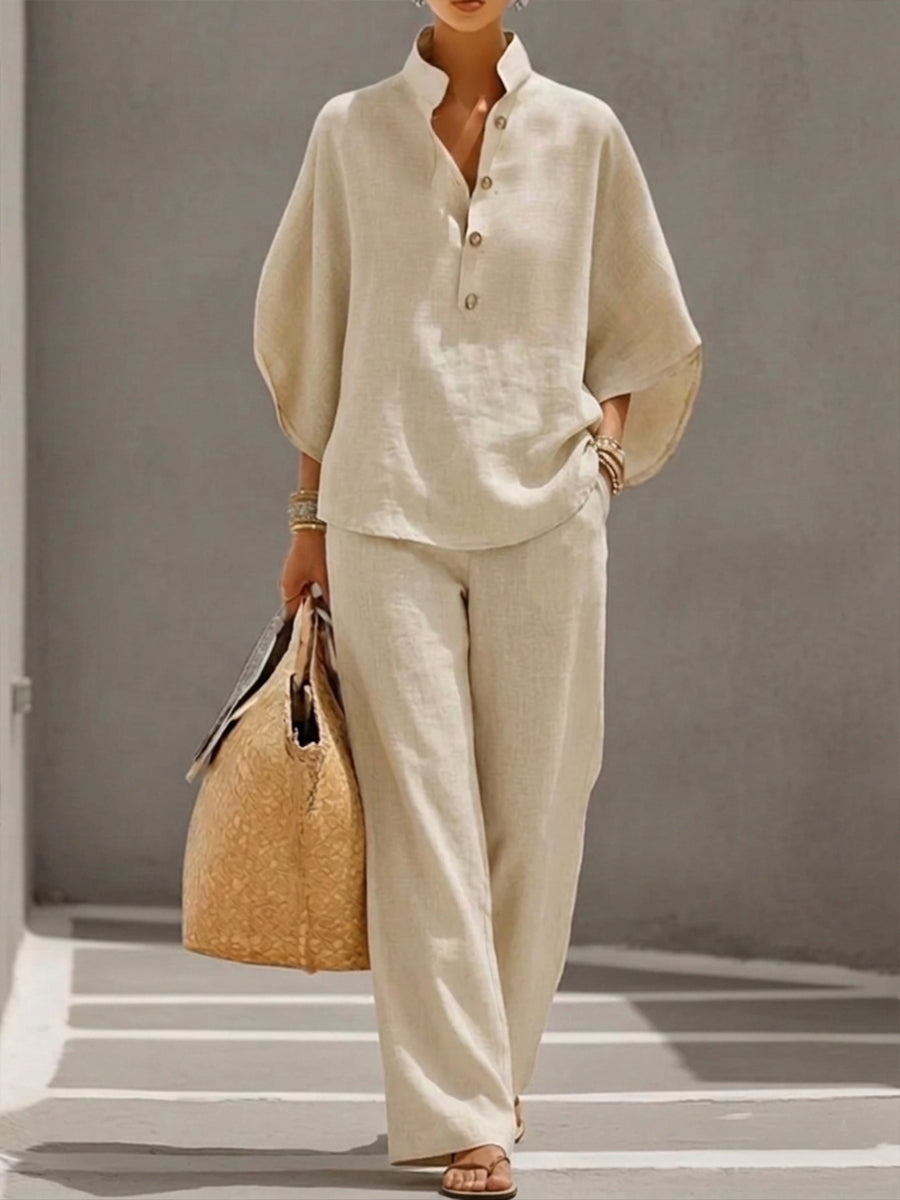 Mariel | Two-piece Linen Effect Set with Batwing Sleeves and Flowing Pants