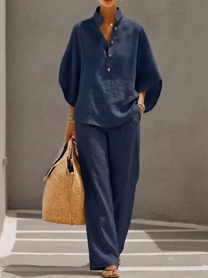 Mariel | Two-piece Linen Effect Set with Batwing Sleeves and Flowing Pants